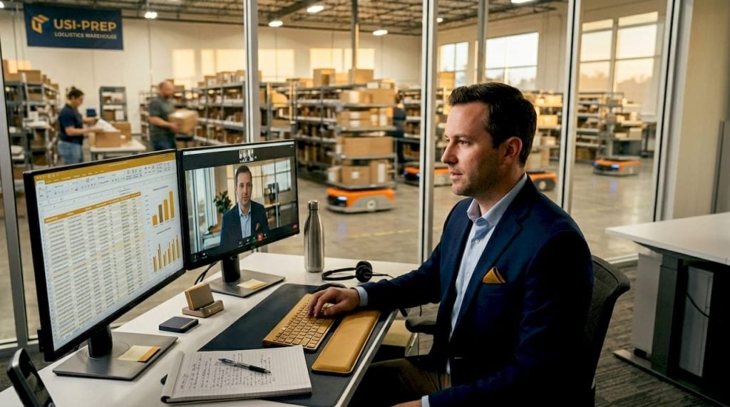 Manager overseeing fulfillment from office above warehouse