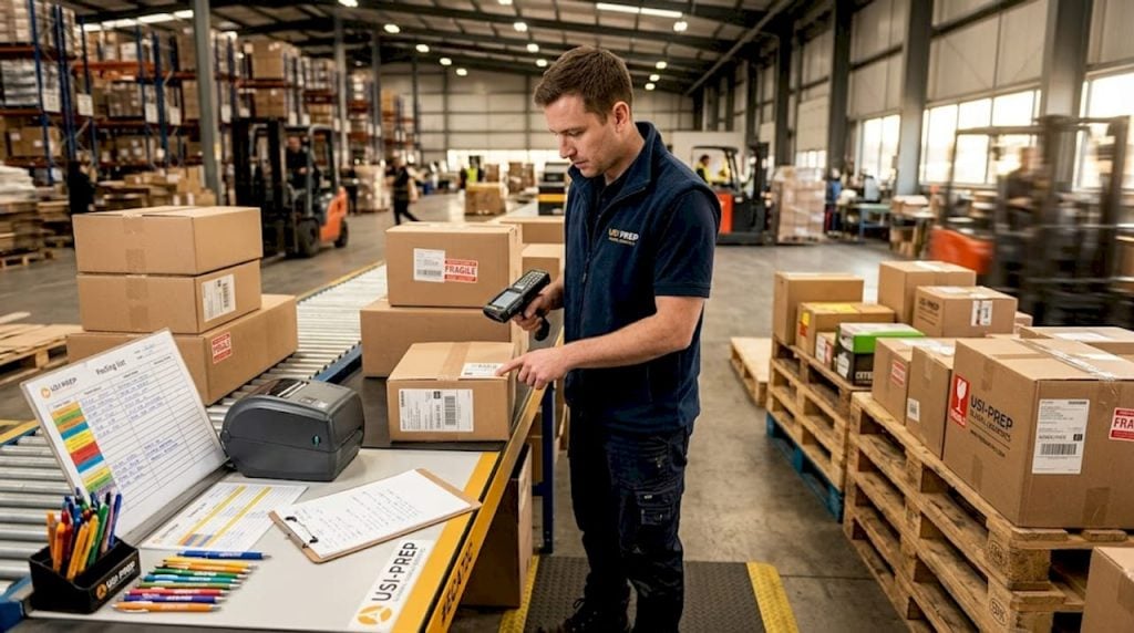 Warehouse coordinator checks in FBA inventory pallets