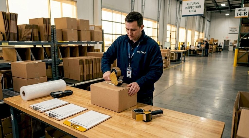 Warehouse worker resealing product return box