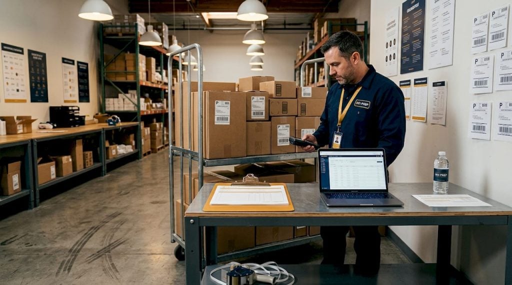 Warehouse worker prepping box shipment for Amazon