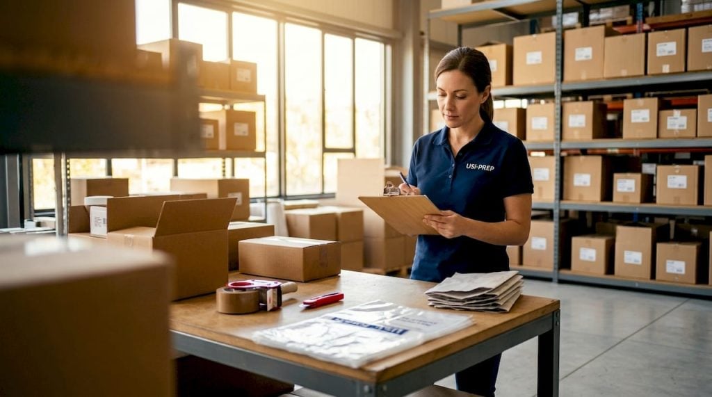 Warehouse supervisor checking FBA packaging at packing station