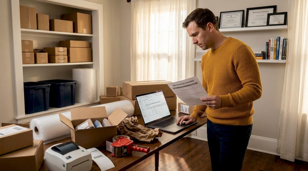 Amazon seller preparing shipment in casual home office