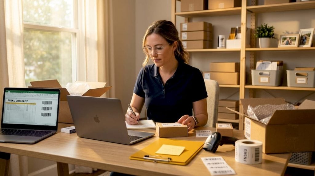 Coordinator labeling Amazon FBA products at office desk