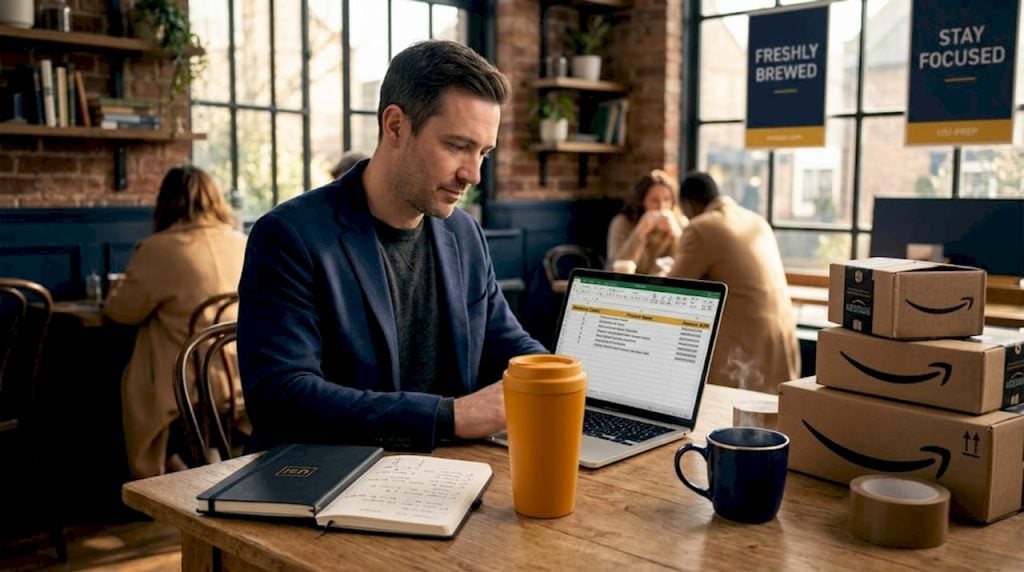 Amazon FBA seller reviewing capacity at home workspace
