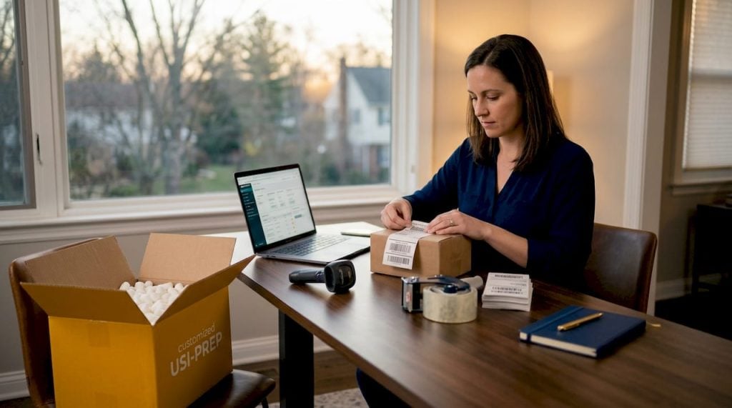Seller applying labels to Amazon FBA packages