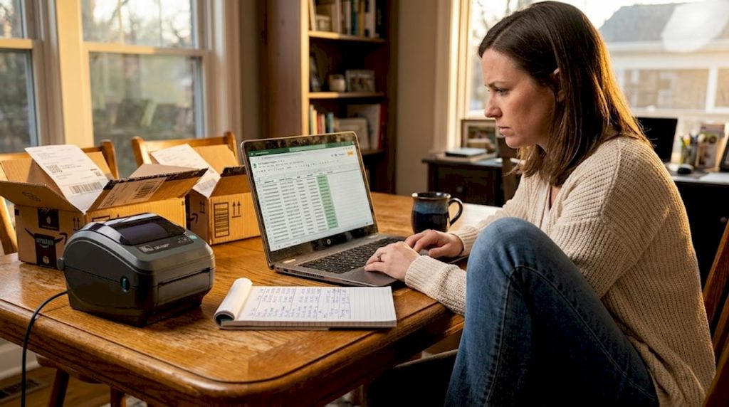Seller reviewing FBA inventory in home office