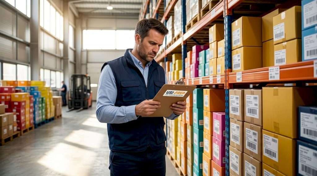 Warehouse supervisor inspecting unsold Amazon inventory boxes