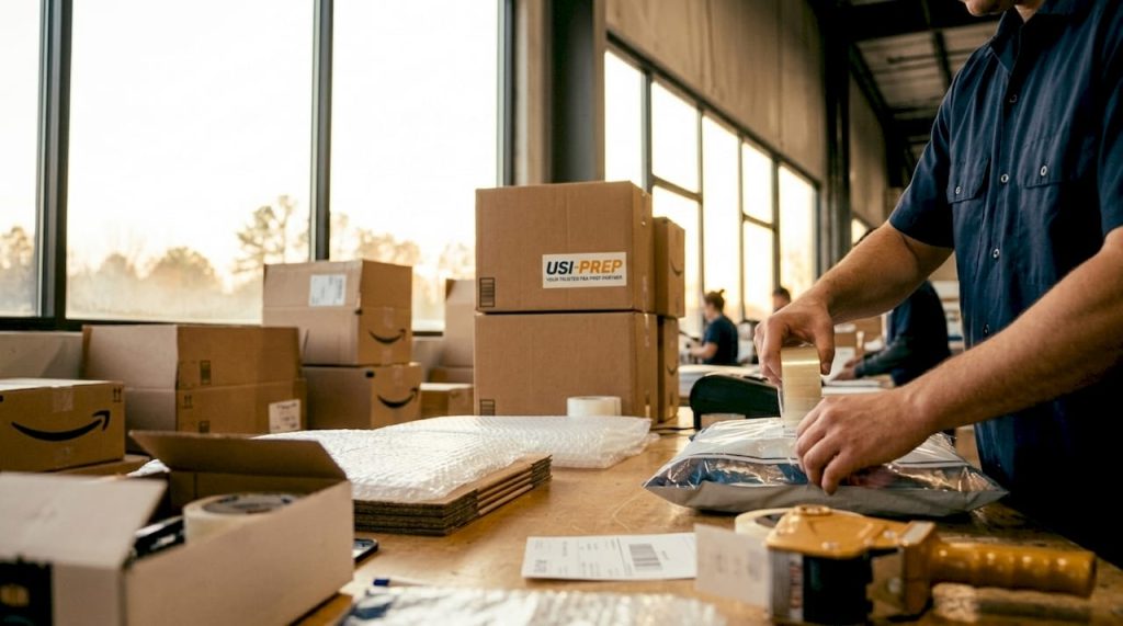 Worker polybagging products in warehouse
