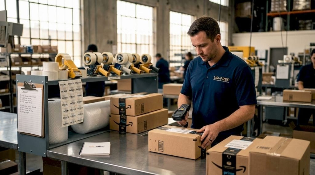 Warehouse worker prepping Amazon FBA inventory