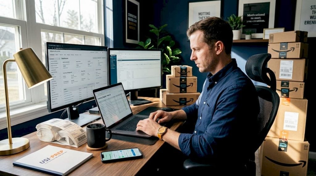 Seller managing Amazon FBA inventory in home office