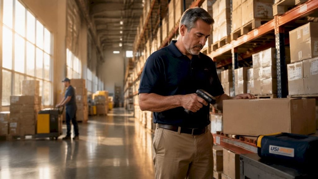 Warehouse manager scanning package in fulfillment center