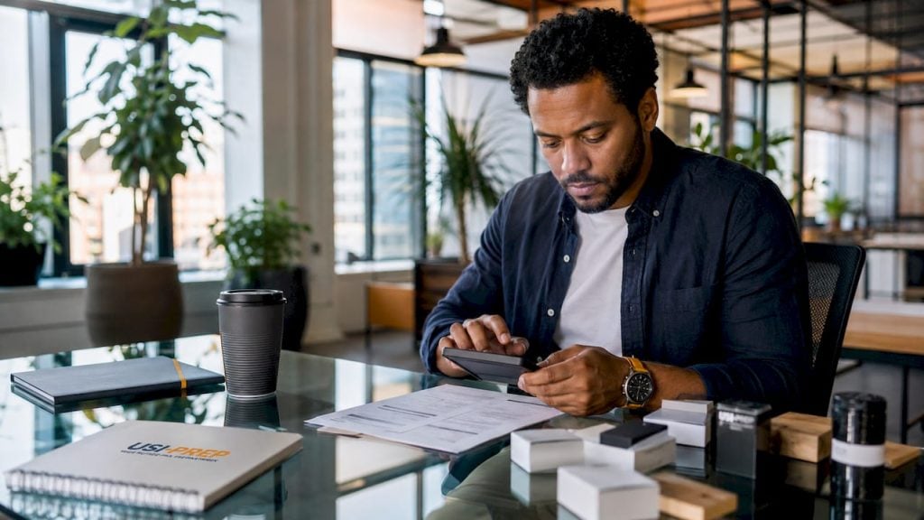 FBA seller calculating Amazon storage fees at desk