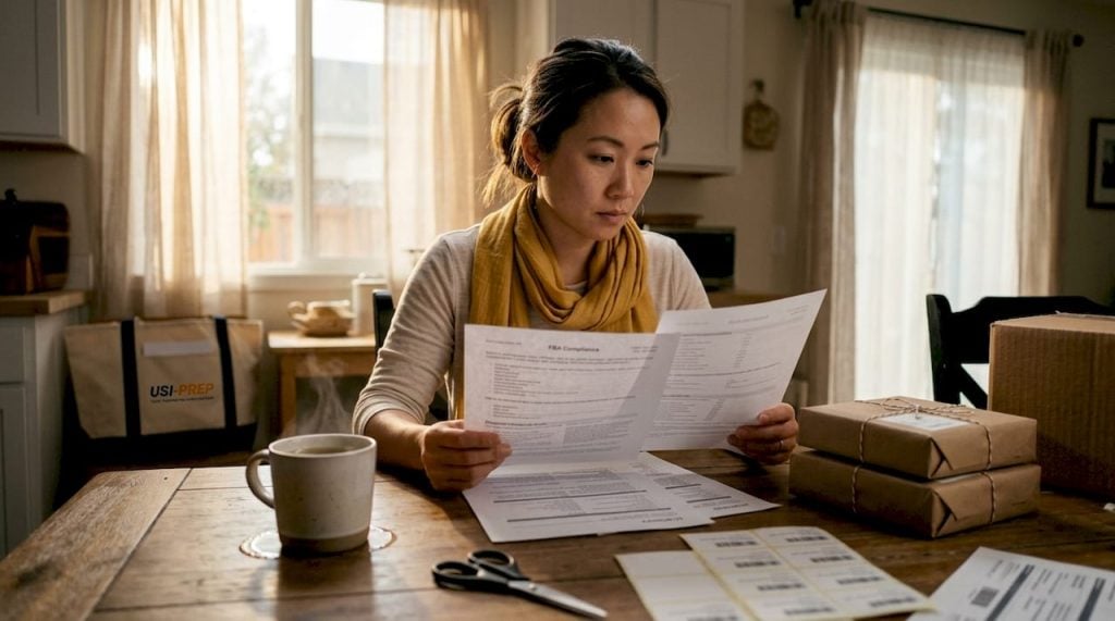 Amazon seller reviewing FBA guidelines at desk