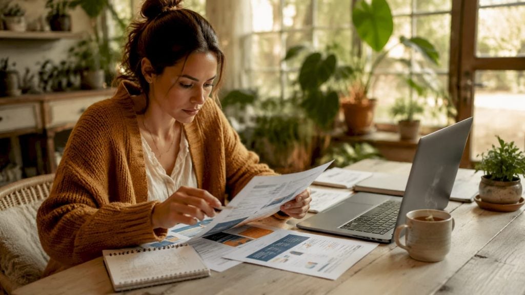E-commerce owner reviewing shipping service brochures at desk