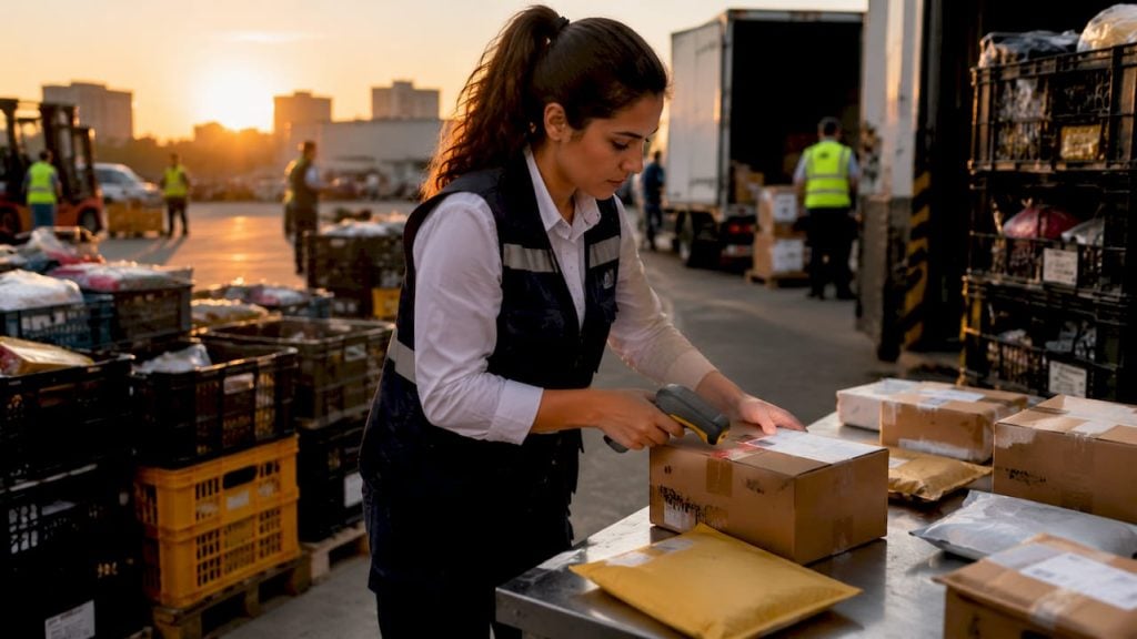 Logistics manager sorting FBA packages in warehouse