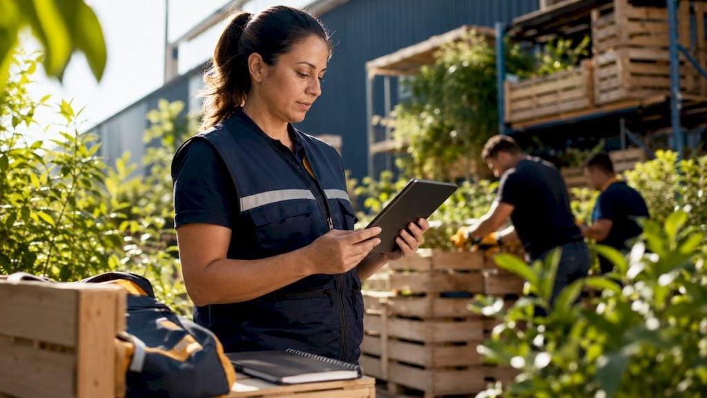 Warehouse manager reviewing inventory on tablet