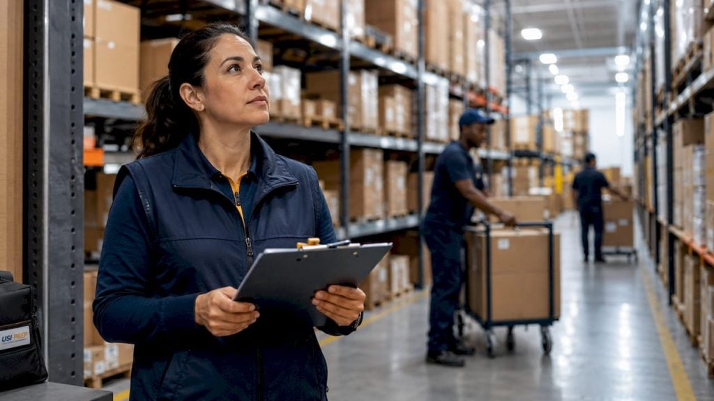 Logistics manager inspects busy warehouse
