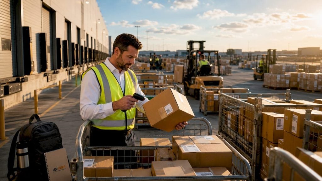 Warehouse manager inspecting FBA shipment box