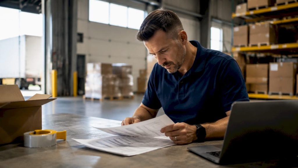 Logistics manager reviewing FBA shipment documents