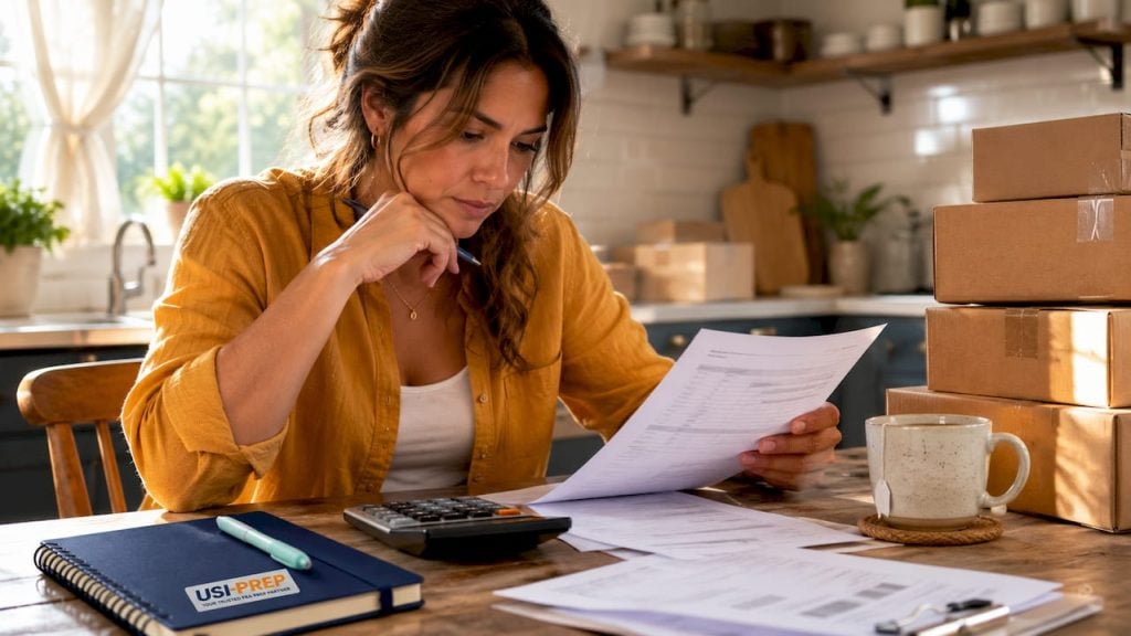 Ecommerce seller calculating storage fees at desk