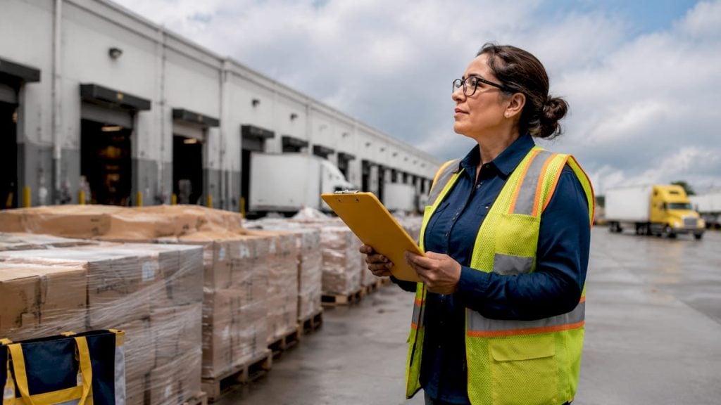 Fulfillment center manager inspecting inventory