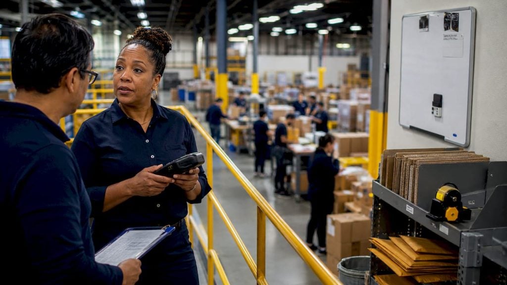 Warehouse manager scanning packages in fulfillment center