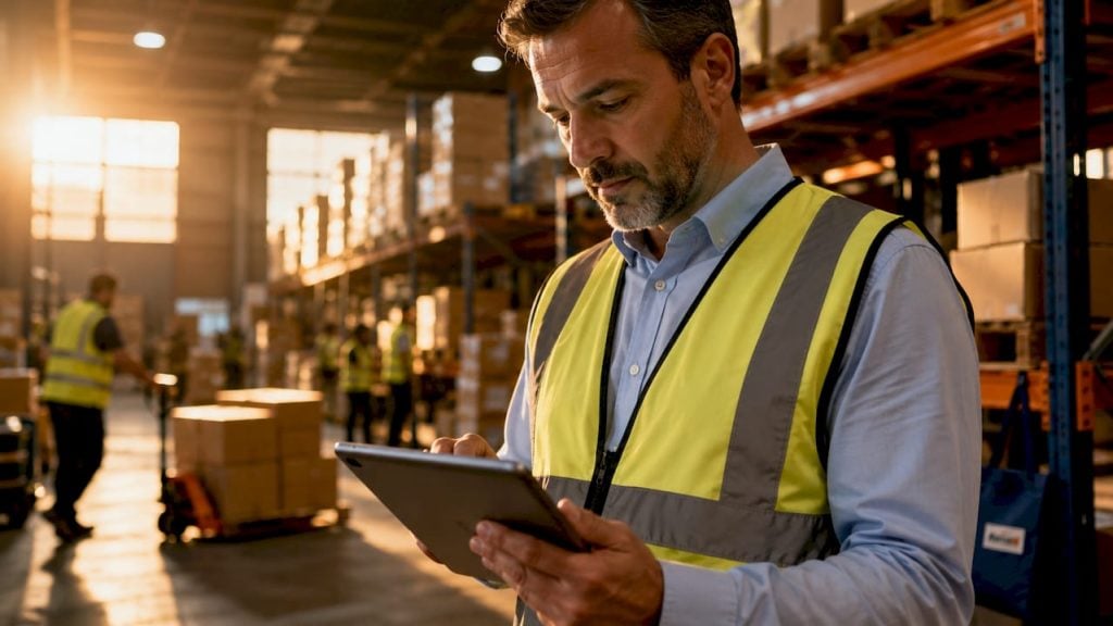 Warehouse manager checking orders inside large ecommerce facility