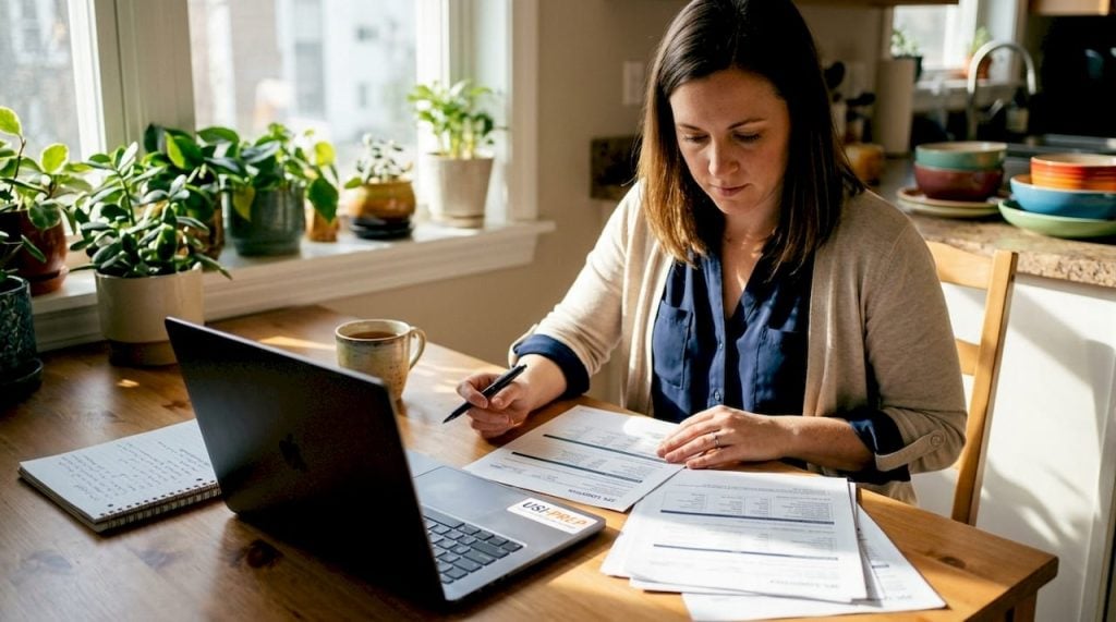 Small business owner reviewing 3PL logistics papers