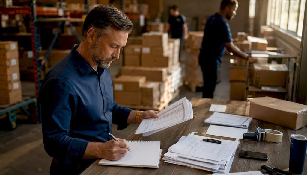 Logistics manager analyzing fulfillment costs in warehouse office