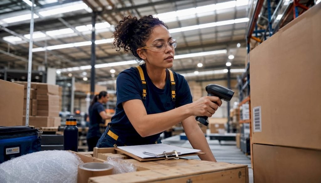 Warehouse worker scanning ecommerce package