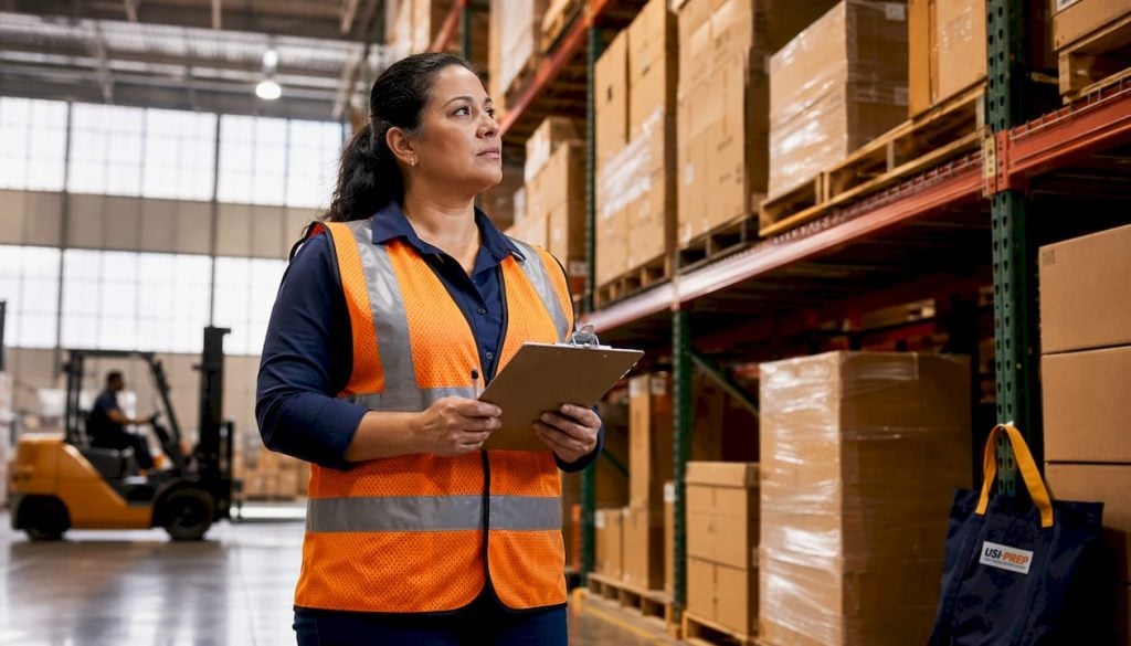 Logistics manager inspecting inventory in warehouse