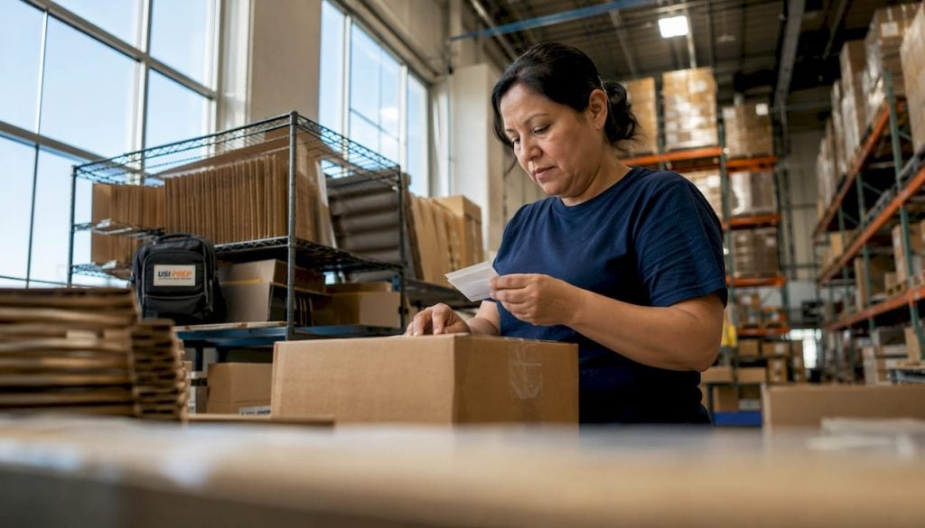 Woman scanning packages in fulfillment warehouse