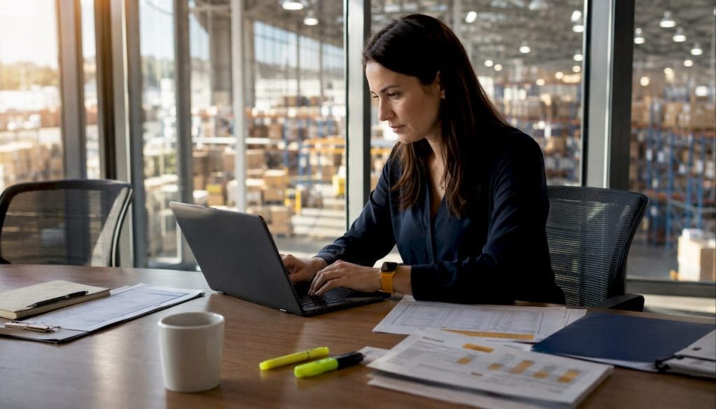 Logistics manager working in fulfillment center office
