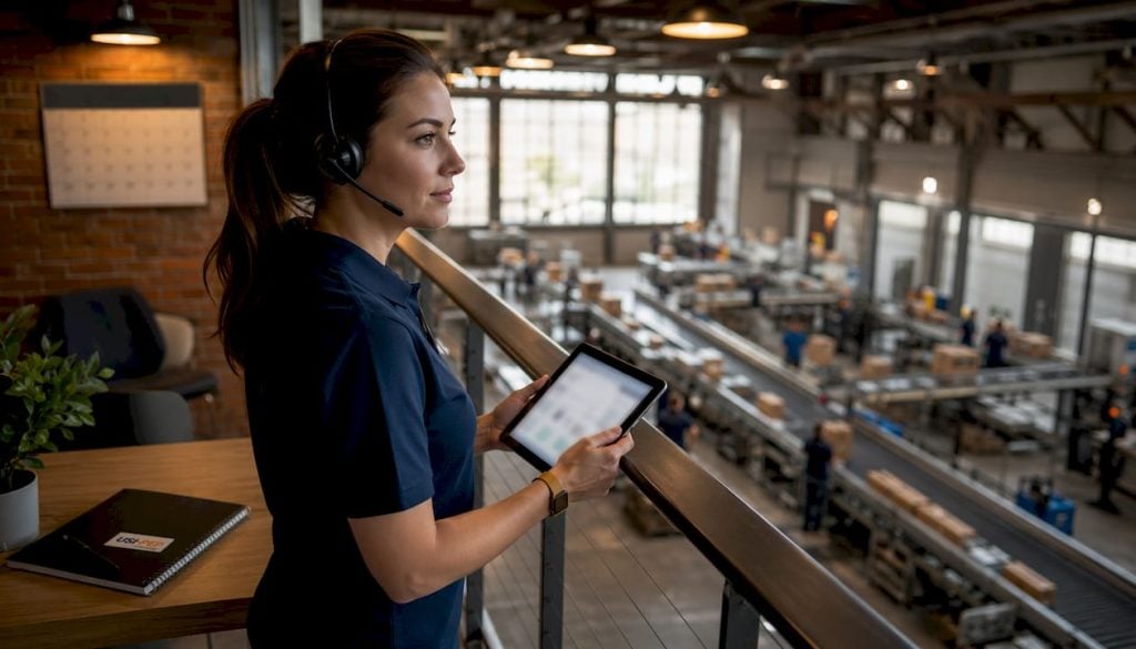 Manager overlooking automated ecommerce warehouse floor