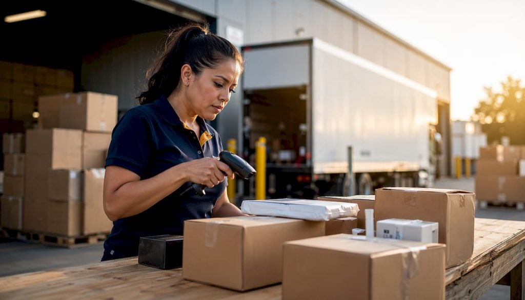 Warehouse manager inspecting packaged goods