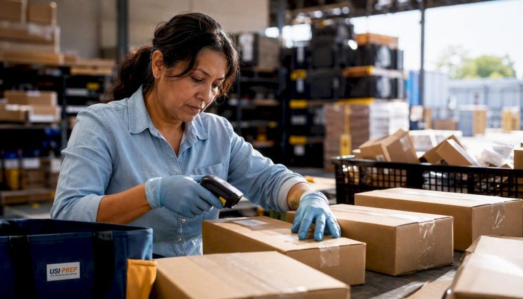 Amazon seller packing shipment in warehouse