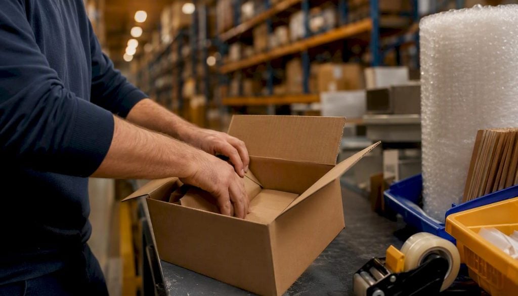 Hands adjusting packing material inside shipping box
