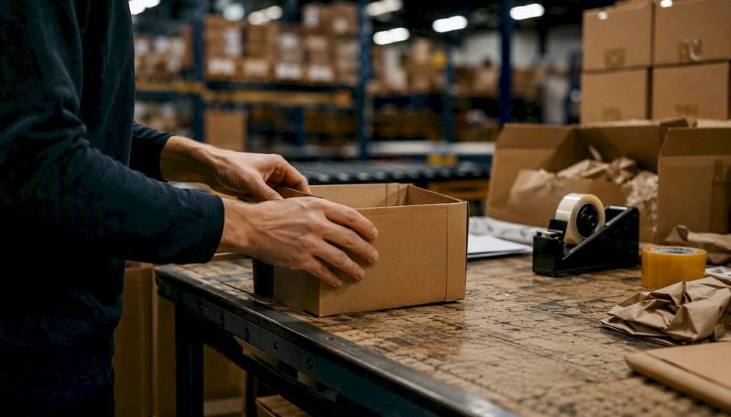Hands adjusting shipping box at packing station