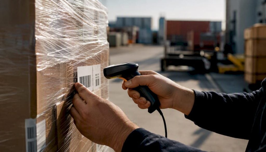 Hands scanning barcode on wrapped pallet