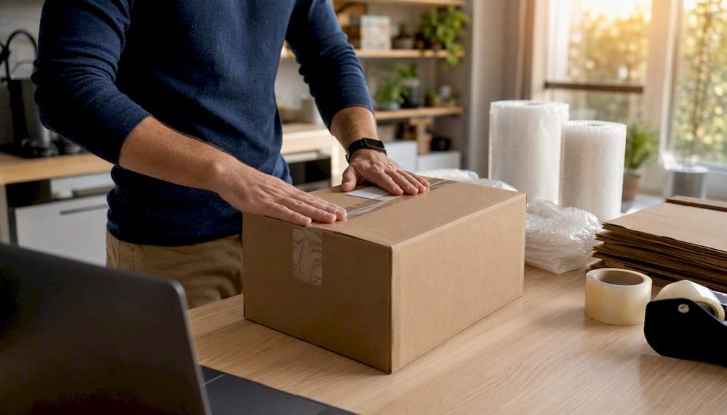 Hands sealing shipping box with tape