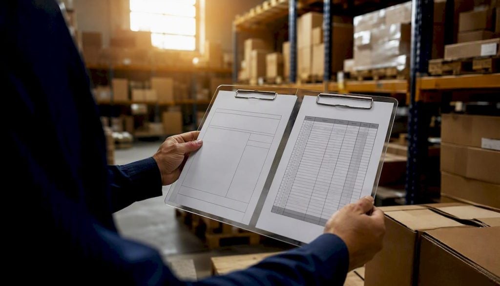 Hands holding invoice and rate card in warehouse office