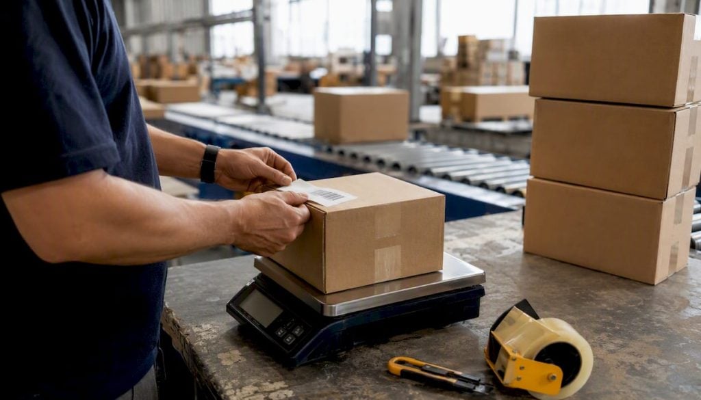 Hands weighing and labeling multiple shipping cartons