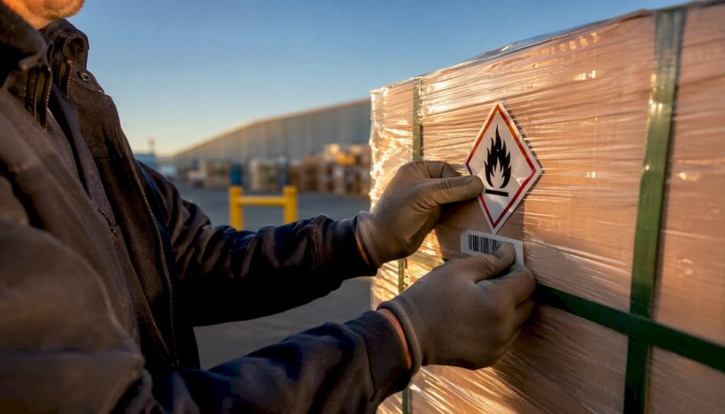 Hands labeling hazmat shipping carton