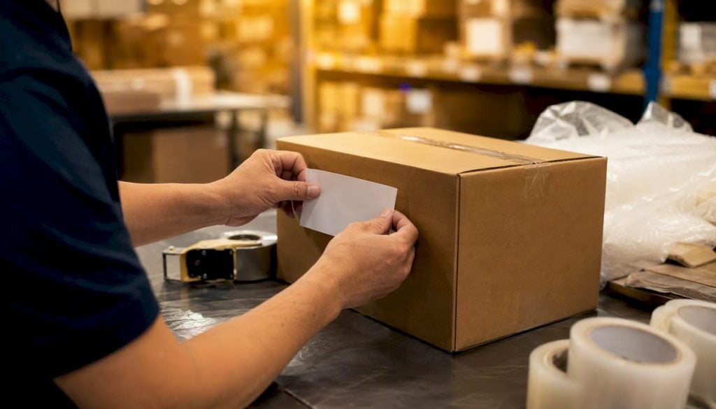 Hands labeling shipping box at packing station