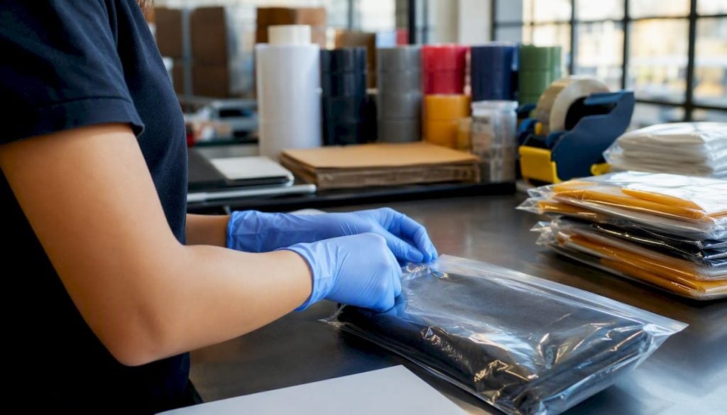 Hands polybagging and labeling inventory items