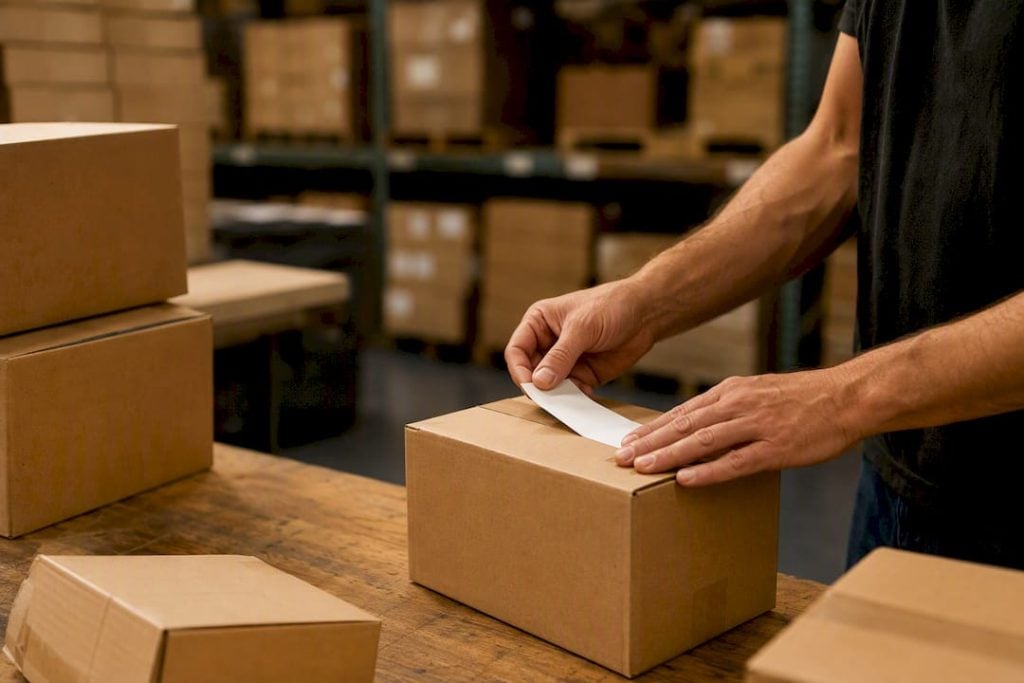 Hands labeling boxes in fulfillment center
