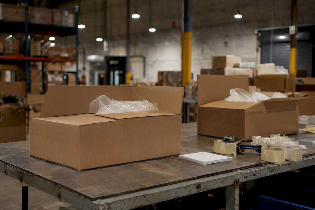 Stacked bulky boxes at warehouse packing station