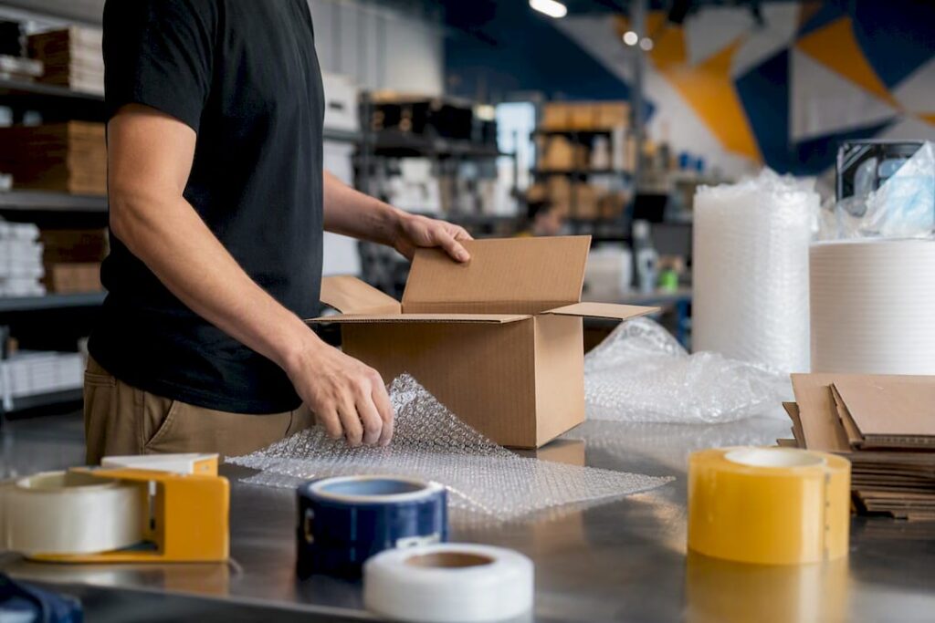 Hands measuring and preparing shipping box