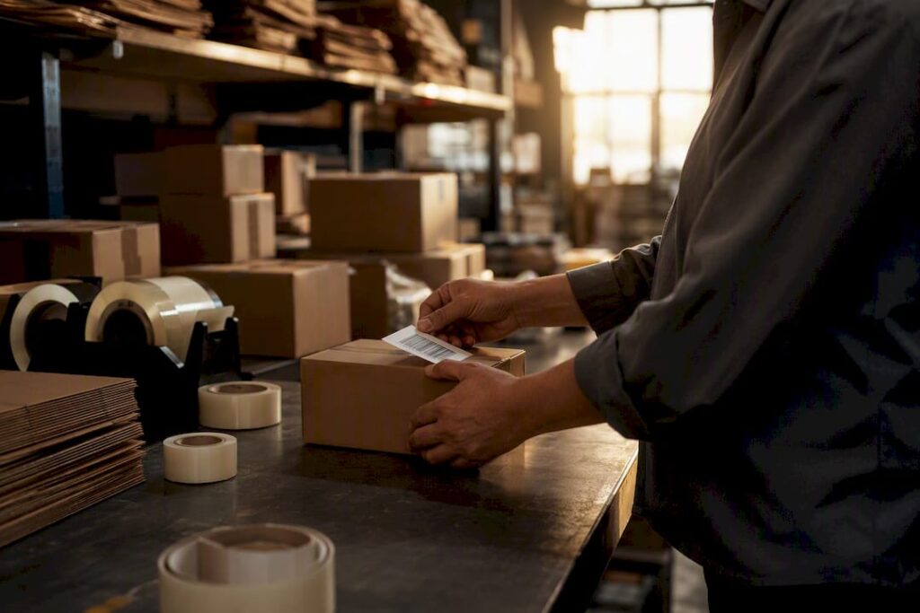 Hands applying FNSKU labels on shipping boxes