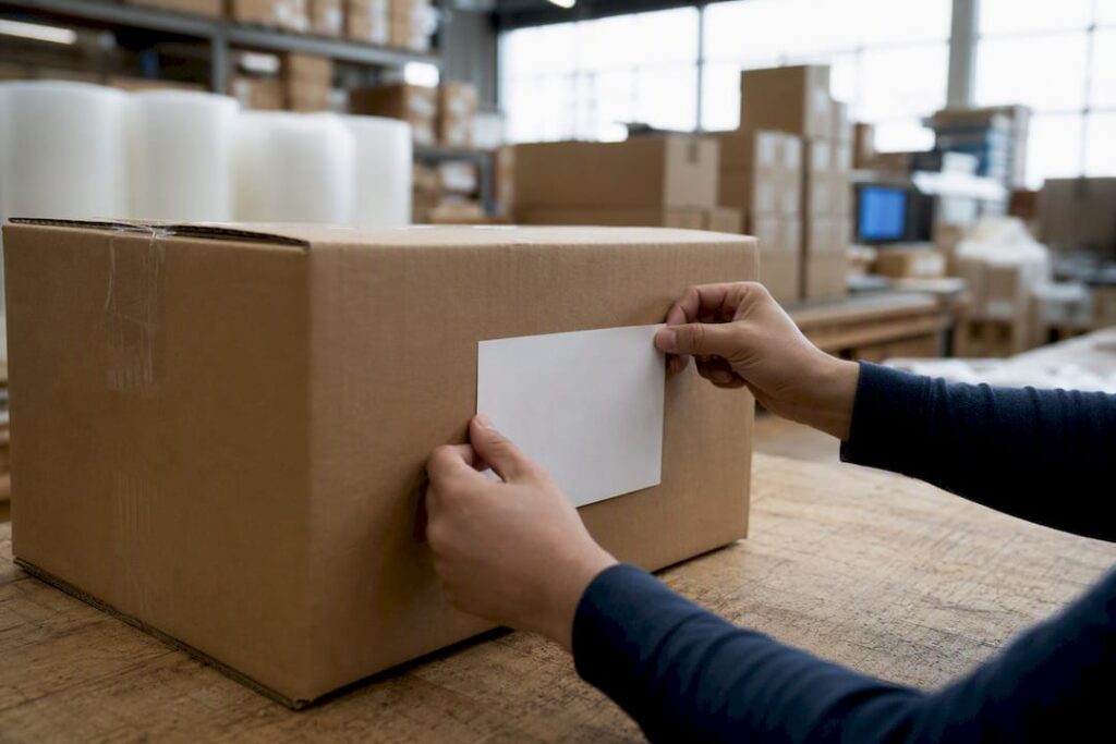 Hands scanning a package label in warehouse